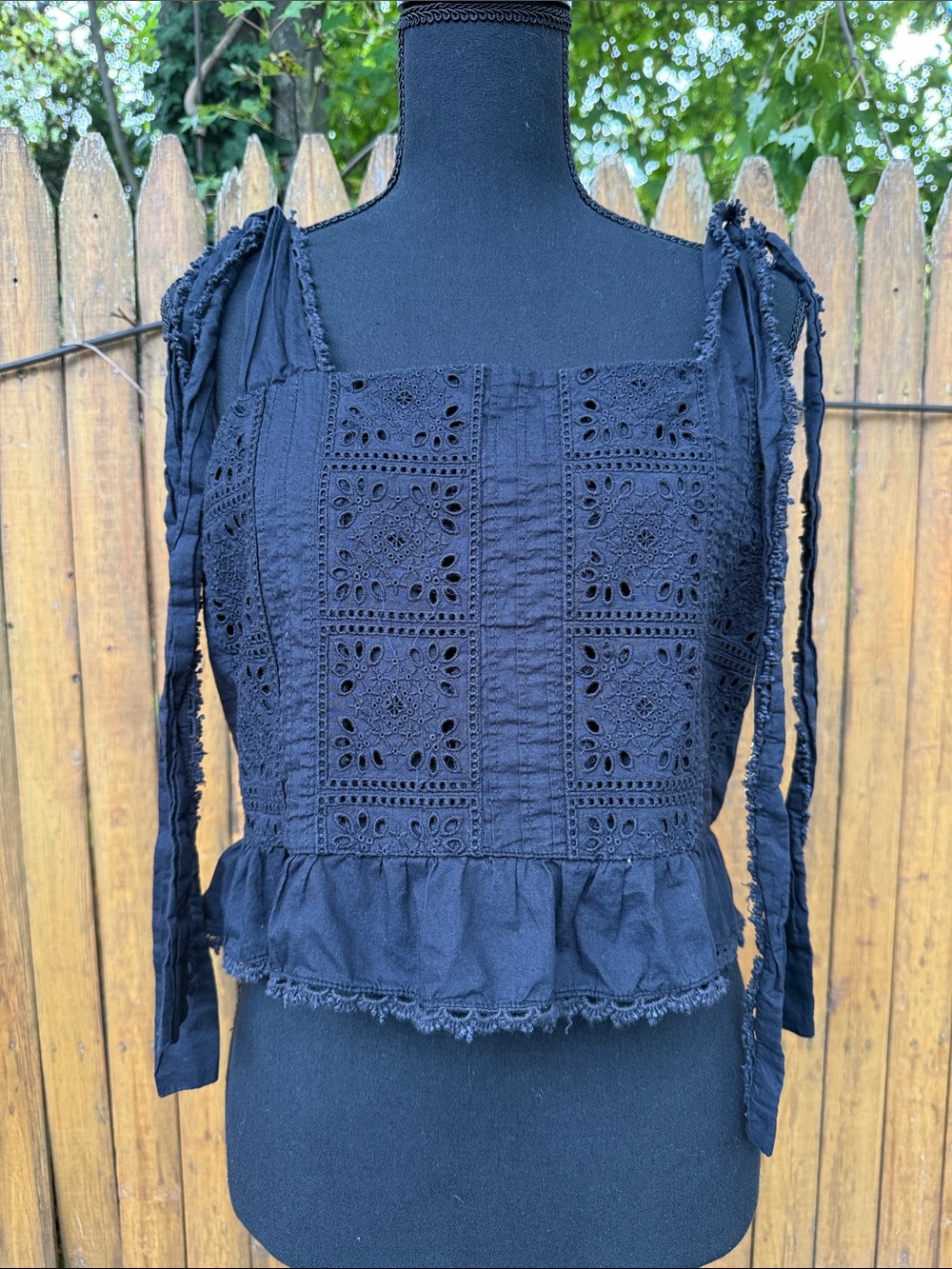 FARM Rio Black Eyelet Tie-Shoulder Cropped Peplum Top